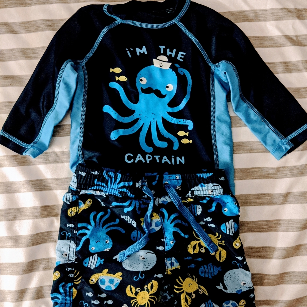 Rash guard and swim trunks
